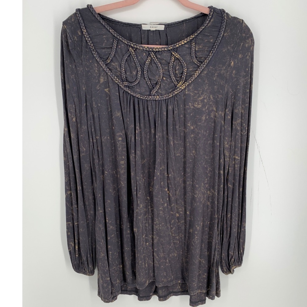 Easel Mineral Wash Braided Neck Boho Tunic Top Charcoal Gray Large
